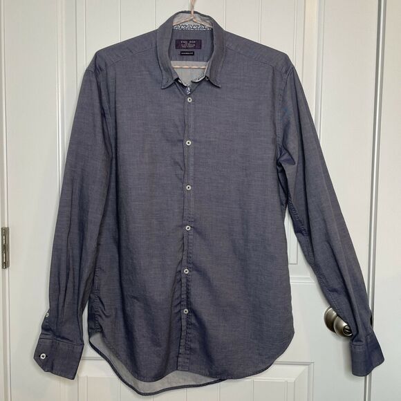 Zara Man Chambray Tailored Fit Paisley Flip Cuff Button Up Long Sleeve Med Blue - Picture 1 of 10